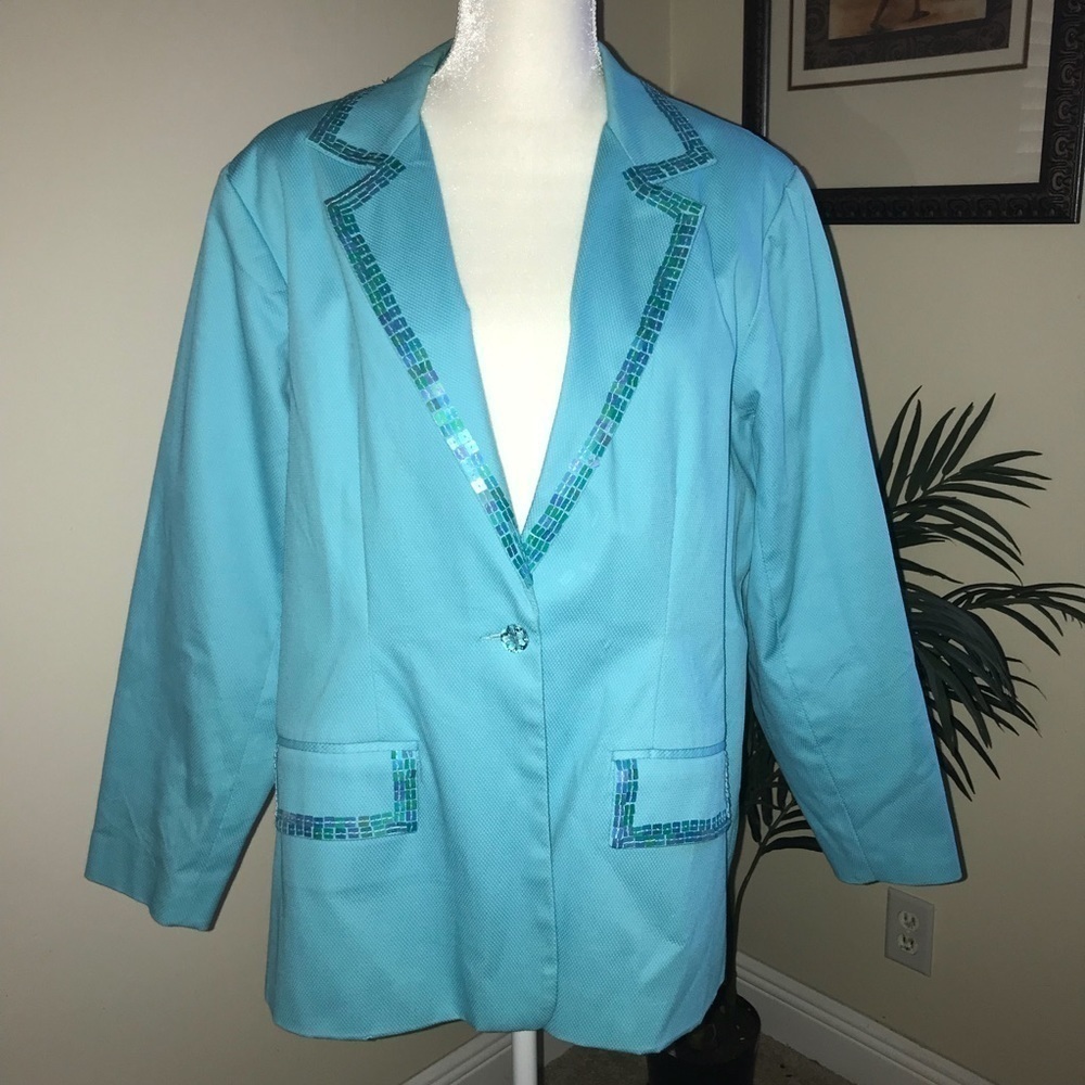 Quacker Factory Sequin Trim Women Jacket 1X Blue